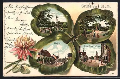 Passepartout-Lithographie Husum / Nordsee, Kriegerdenkmal, Grosse Strasse, Zingel und Theodor Storm-Denkmal im Kleeblatt