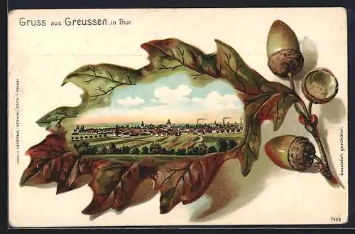 Passepartout-Lithographie Greussen i. Thür., Totalansicht im Eichenblatt-Rahmen