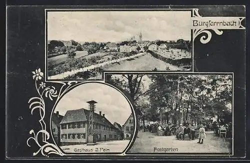 AK Burgfarrnbach, Gasthaus von J. Fein, Postgarten und Totalansicht im Passepartout