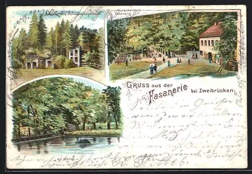 Lithographie Zweibrücken, Fasanerie mit Restaurant, Weiher und Ruine der Burg Stanislaus Leszinskys