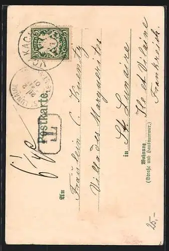 Lithographie Volkach, Schloss und Gut Halburg, Astheim, Totalansicht