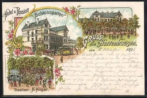 Lithographie Herrenhausen, Hotel-Pension Schlossgarten v. H. Hüper mit Gartenwirtschaft