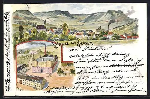 Lithographie Holzheim / Göppingen, Mauz`sche Brauerei, Totalansicht