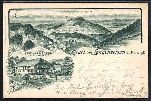 Lithographie Güntersthal / Freiburg, Gasthaus zum Engel v. Karl Mayer, Rheintalpanorama und die Vogesen