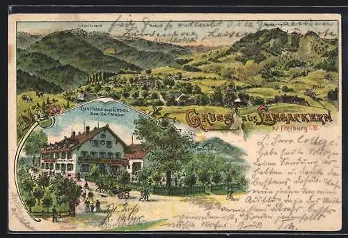 Lithographie Langackern b. Freiburg, Gasthaus zum Engel v. Karl Mayer, Totalansicht mit Schauinsland und Gerstenhalm