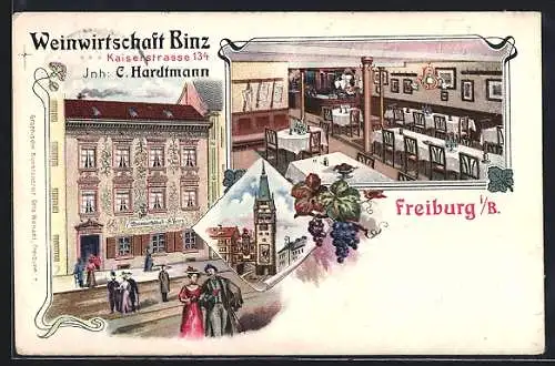 Lithographie Freiburg i. B., Gasthaus Binz v. C. Hardtmann mit Innenansicht, Kaiserstrasse 134