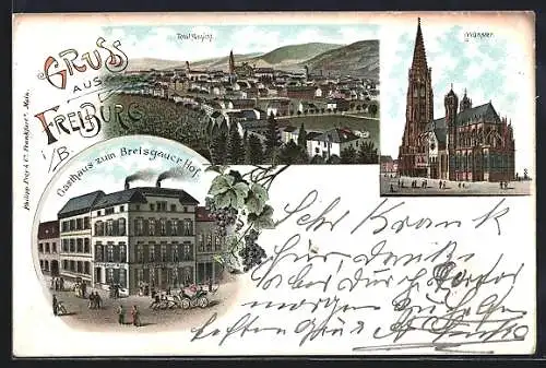 Lithographie Freiburg i. B., Gasthaus zum Breisgauer Hof, Münster, Totalansicht