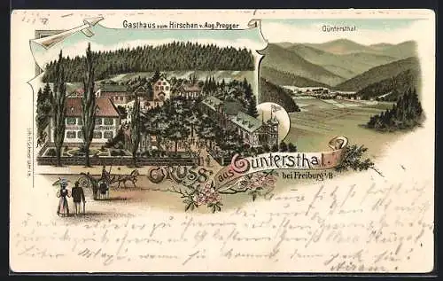 Lithographie Güntersthal bei Freiburg, Gasthaus zum Hirschen v. Aug. Pregger, Totalansicht