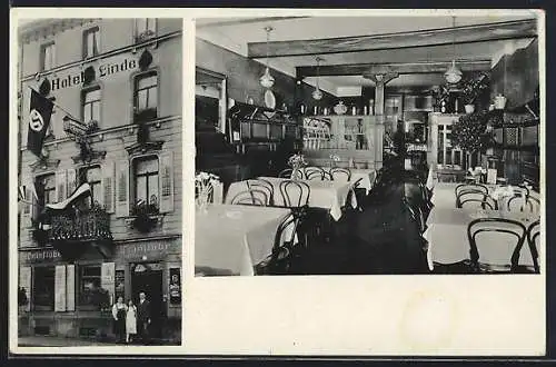 AK Freiburg / Breisgau, Hotel Linde, Innen- und Aussenansicht