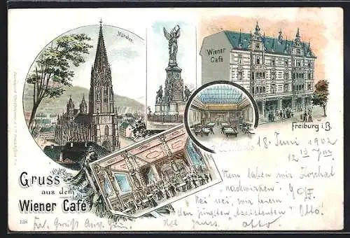 Lithographie Freiburg / Breisgau, Wiener Cafe mit Innenansicht, Münster, Denkmal