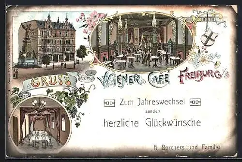 Lithographie Freiburg i. B., Wiener Café der Familie Borchers mit Innenansichten