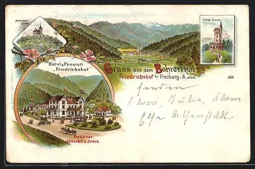 Lithographie Freiburg / Breisgau, Hotel und Pension Friedrichshof, Inh.: Schlink und Ihrig, Kilda-Turm, Horbener Kirche