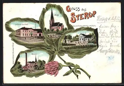 Passepartout-Lithographie Sterup, Geschäftshaus Hennig Jakobsen, Gallsens Gasthof, Meierei, Kirche im Kleeblatt