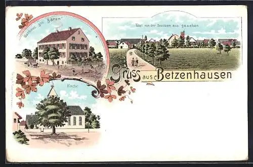 Lithographie Betzenhausen, Gasthaus zum Bären, Kirche, Totalansicht von Dreisem aus