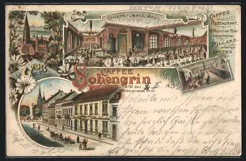 Lithographie Freiburg i. B., Café Lohengrin mit Conzert- und Ballsaal, Röderstrasse 10