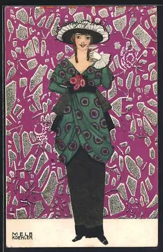 Künstler-AK Mela Köhler: Dame in geblümtem Kleid mit Sektglad in der Hand vor violettem Hintergrund, Jugendstil