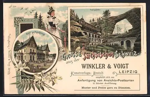 Lithographie Herrnskretschen / Sächsische Schweiz, Hotel zur Rainwiese, Prebischtor