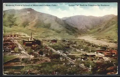 AK Golden, CO, Birdseye View of School of Mines, Letter M built in Concrete by Students