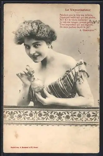 AK Le Vaporisateur, Dame mit Parfum-Flasche