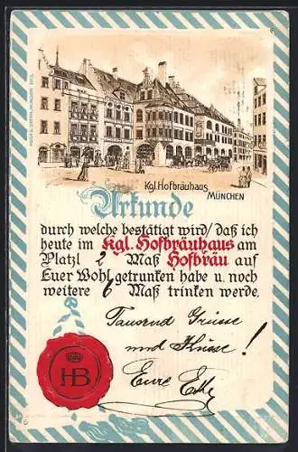 Lithographie München, Kgl. Hofbräuhaus im Urkunden-Passepartout