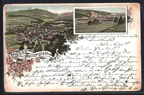 Lithographie Pottenstein a. d. Triesting, Gesamtansicht gegen die Berge