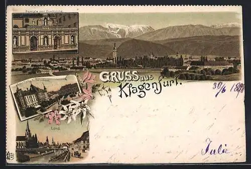 Lithographie Klagenfurt, Neuer Platz und Rainerhaus, Portale der Domkirche, Lend, Totalansicht