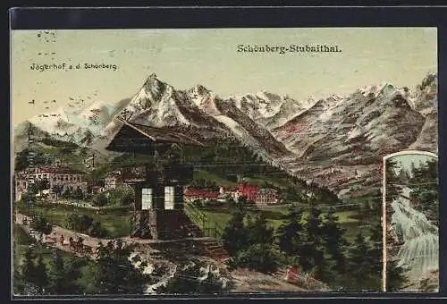 Lithographie Schönberg /Stubaital, Restaurant Jägerhof, Wasserfall