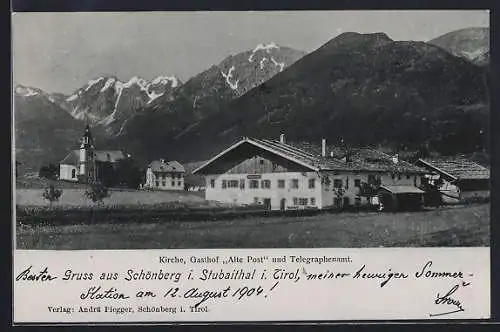 AK Schönberg i. Stubaithal, Gasthof Alte Post, Kirche und Telegraphenamt