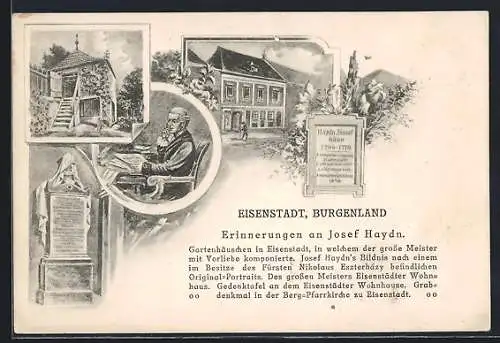 Lithographie Eisenstadt, Erinnerungen an Josef Haydn, Denkmal, Porträt & Wohnhaus