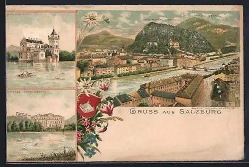 Lithographie Salzburg, Teilansicht gegen Kapuzinerberg, Schloss Anif