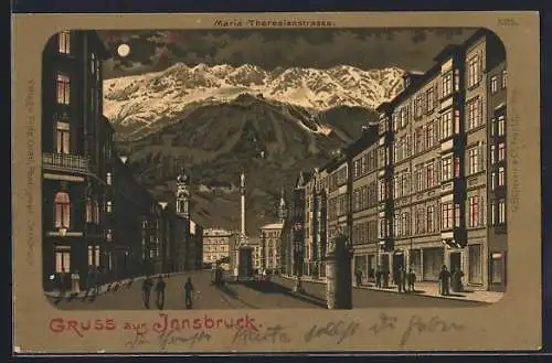 Lithographie Innsbruck, Maria-Theresienstrasse bei Vollmond