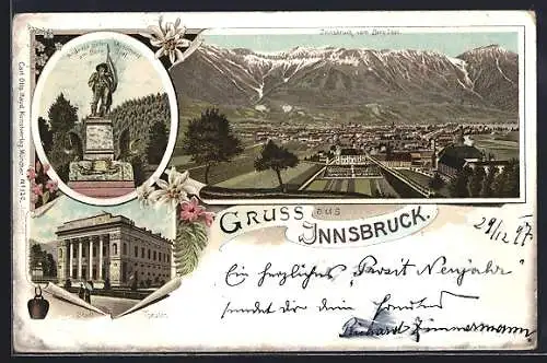 Lithographie Innsbruck, Stadt-Theater, Andreas Hofer Monument