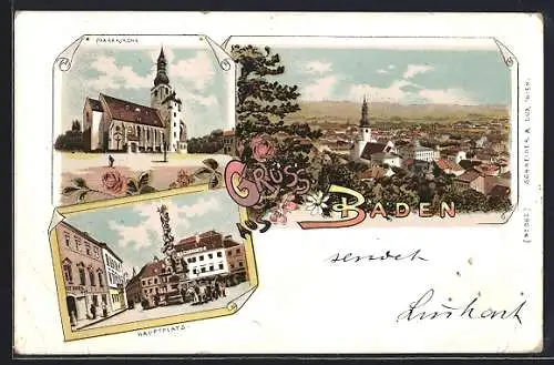 Lithographie Baden, Pfarrkirche, der Hauptplatz und Totalansicht des Ortes