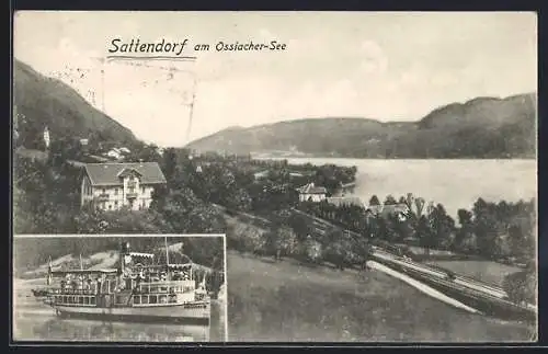 AK Sattendorf, Binnenschiff Landskron, Ortsansicht mit Blick auf den Ossiacher-See