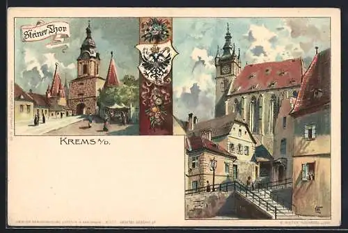 Lithographie Krems a. d. D., Steiner Tor, Kirche, Wappen