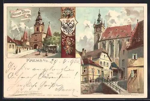 Lithographie Krems a. D., Steiner Thor, Wappen, Teilansicht mit Kirche