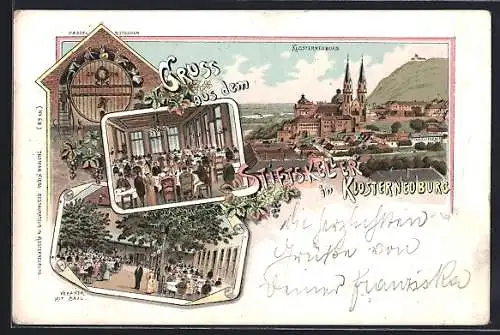 Lithographie Klosterneuburg, Ortsansicht von oben, Stiftskeller mit Fasselrutschen