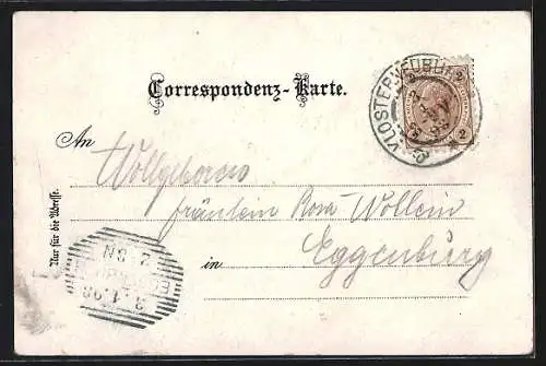 Lithographie Klosterneuburg, Ortsansicht von oben, Stiftskeller mit Fasselrutschen