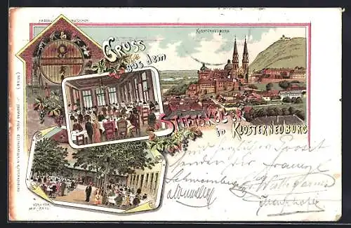 Lithographie Klosterneuburg, Ortsansicht von oben, Stiftskeller mit Fasselrutschen