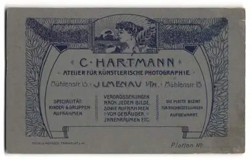 Fotografie C. Hartmann, Ilmenau, Damenkopf mit Blattzweig im vor Sonnenaufgang im Jugendstil