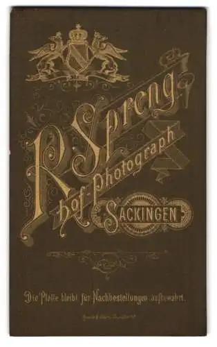 Fotografie R. Spreng, Säckingen a. Rh., königliches Wappen nebst Anschrift des Ateliers