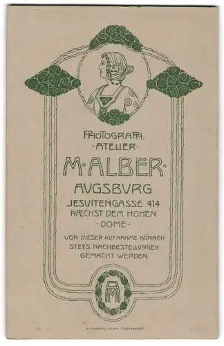 Fotografie M. Alber, Augsburg, Jesuitengasse 414, Frau im Seitenprofil mit Jugendstil Frisur, Monogramm des Fotografen