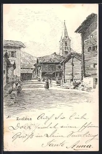 Künstler-AK Evolene, Strassenszene, Leute sitzen vor ihren Häusern, um 1900