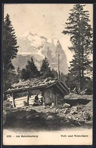 AK Rosenlaui, Hütte am Rosenlauiweg mit Well- und Wetterhorn