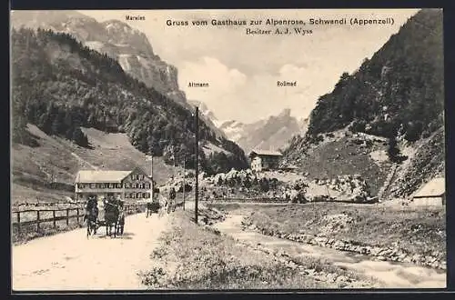 AK Wasserauen, Gasthaus zur Alpenrose mit Marwies, Altmann und Rossmad