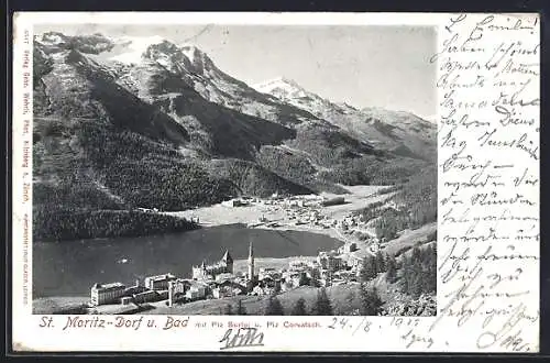 AK St. Moritz-Dorf u. Bad, Teilansicht mit Piz Surlei und Piz Corvatsch
