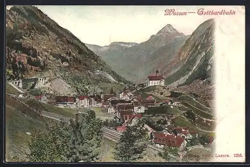AK Wassen /Gotthardbahn, Teilansicht mit Bergen