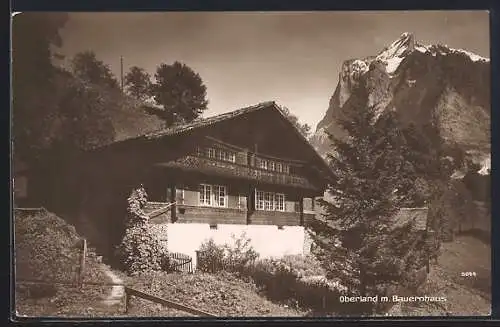 AK Oberland, Bauernhaus mit gewaltigem Bergpanorama