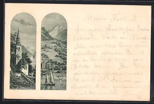 AK Montreux, Eglise, Le Grand Hotel à Territet