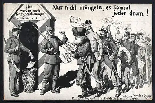 AK Propaganda 1. Weltkrieg, Hier werden noch Kriegserklärungen angenommen, Soldaten aus Russland, England, Frankreich...